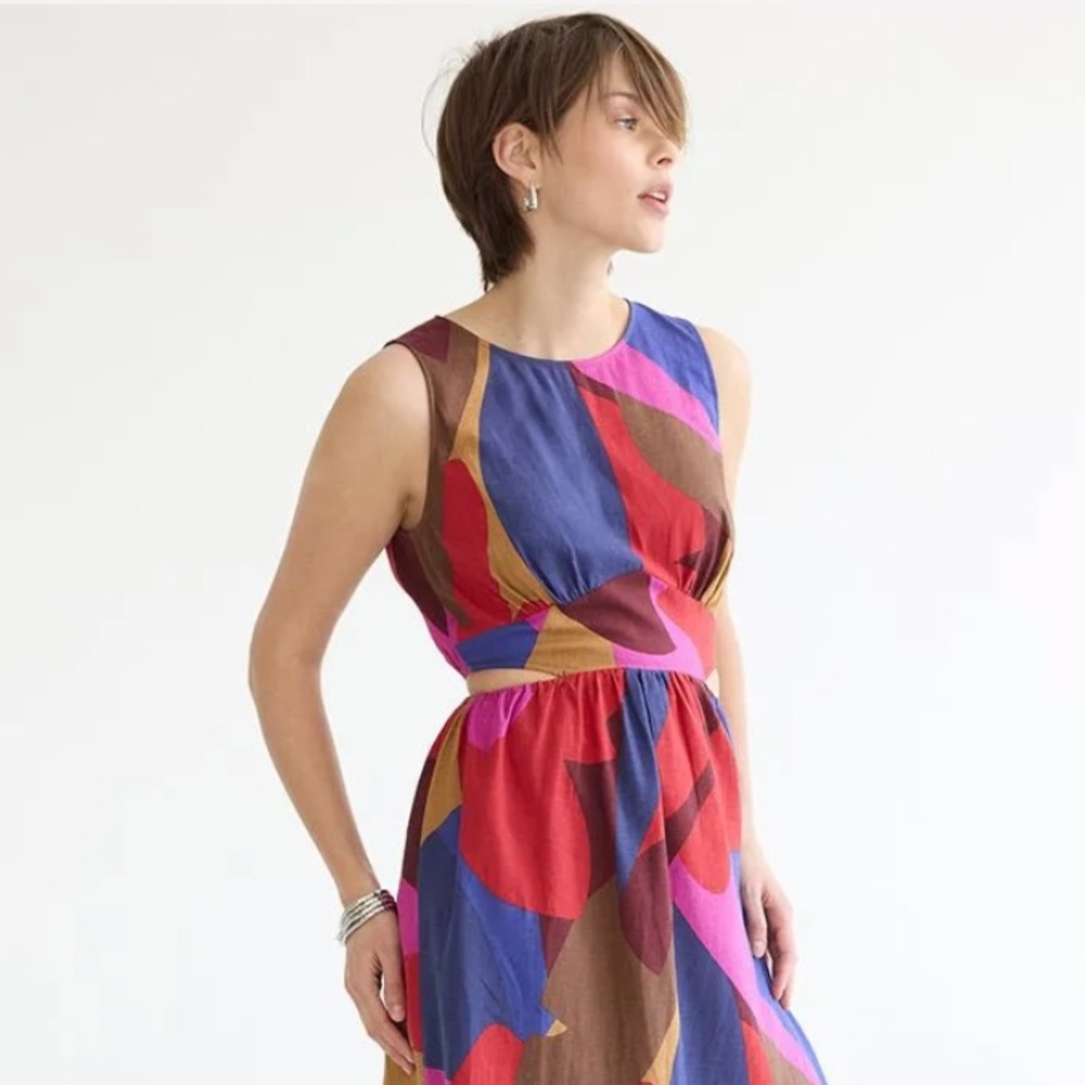 Sleeveless Linen cut out Midi Dress - multi summer print L - Picture 4 of 9